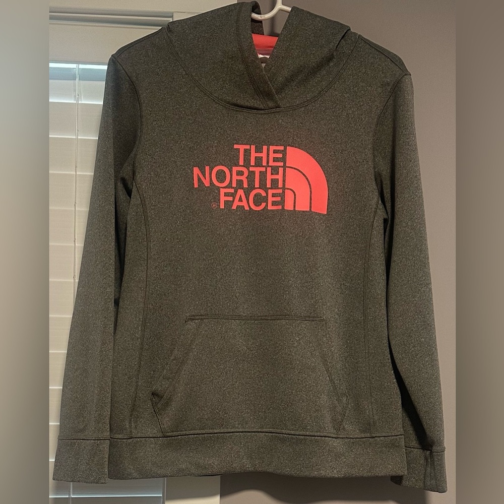 THE NORTH FACE size MEDIUM, light gray with pink accents, hooded sweatshirt.